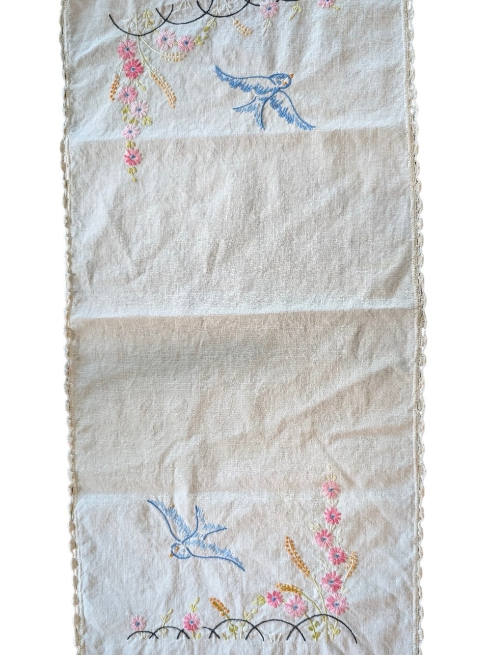 Embroidered Blue Bird Floral Table Runner - White